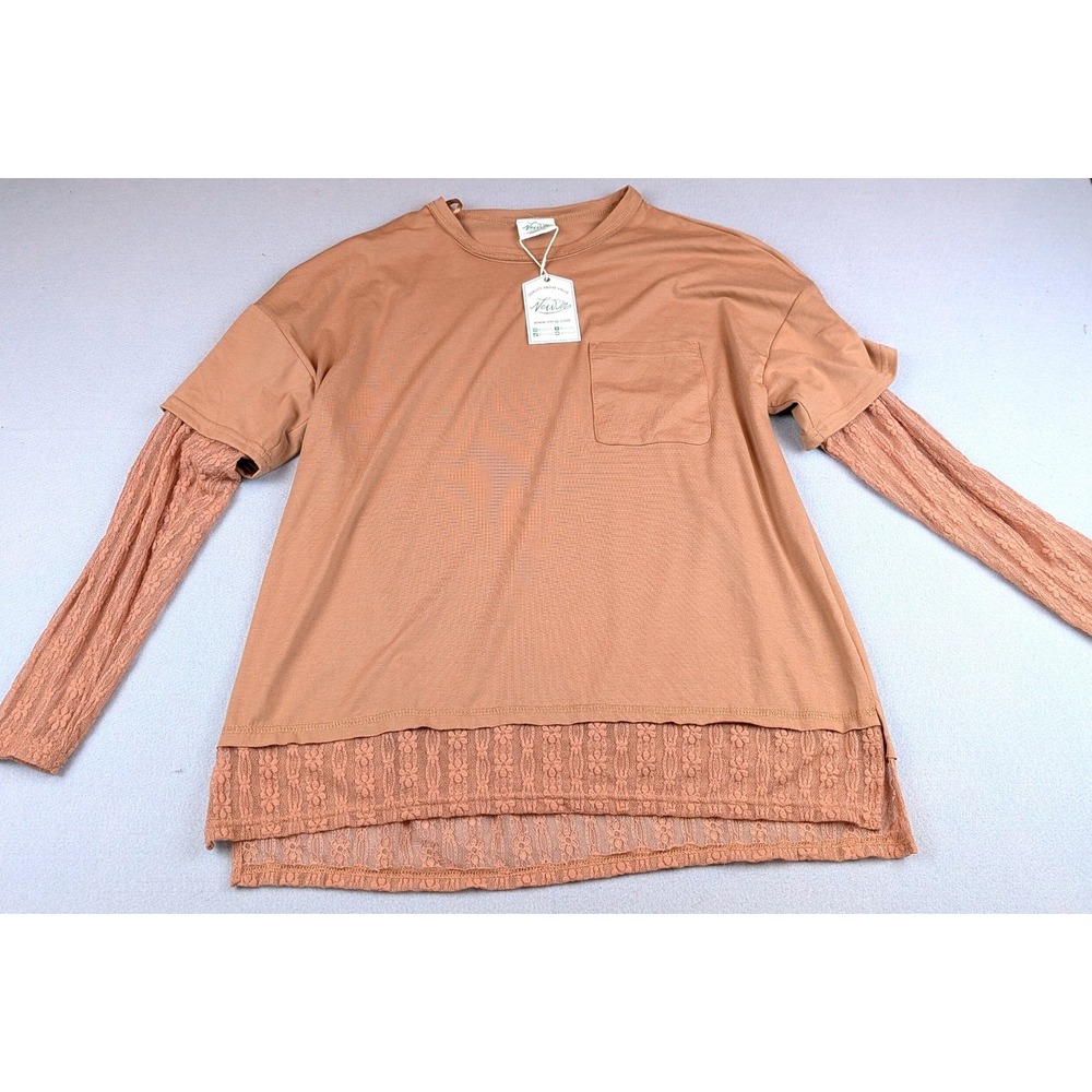 New J Tan Layered Look Top Lace Sleeves and Hem Tan Brown Small NWT
